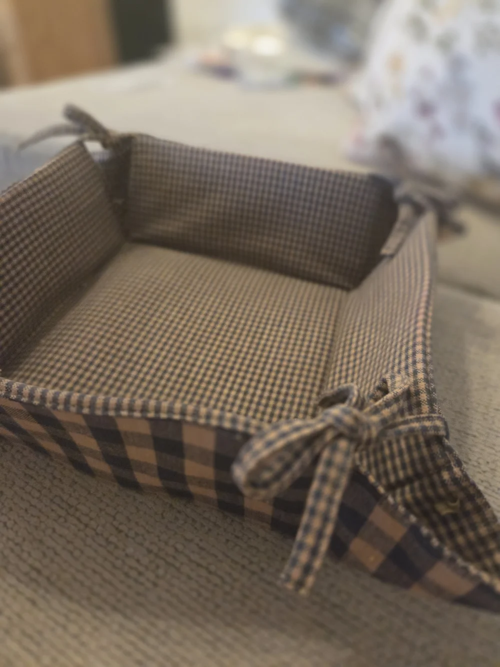 Gingham Fabric Tray with Corner Ties